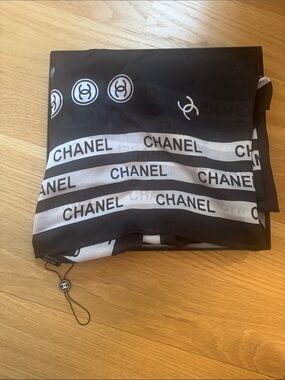 CHANEL Black and White Logo Stripe Silk Scarf